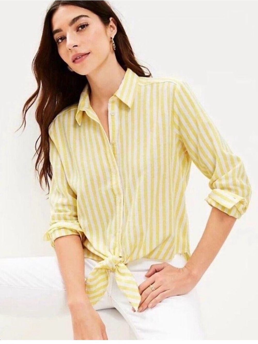 LOFT Yellow and White Striped Button-Front Tie-Hem Shirt Linen Blend‎ Medium
